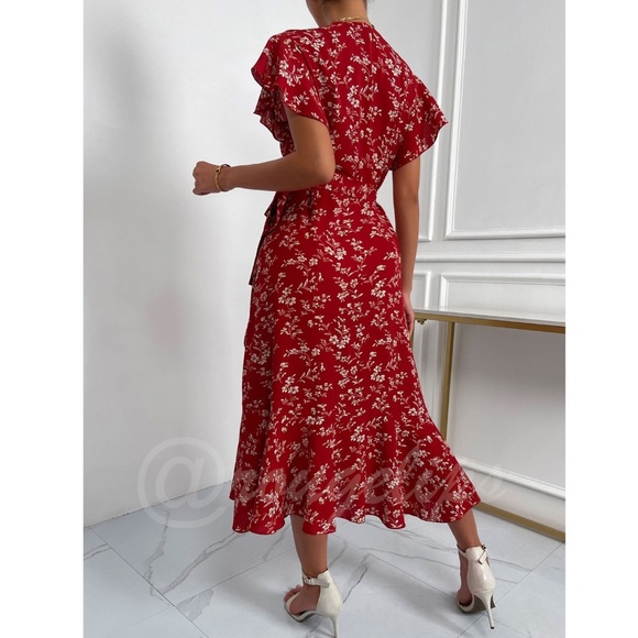Boho Red Floral V neck Ruffle Hem Midi Dress Wrap Style Short Butterfly Sleeve - Picture 3 of 14